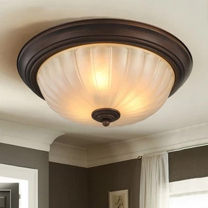 Retro Simple Design Flush Mount Light Antique Copper Light with Textured Glass - Picture 1 of 8