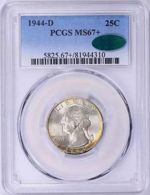 Cuarto de cuarto D Washington 1944 graduación profesional MS67+ CAC Foto 1 de 3