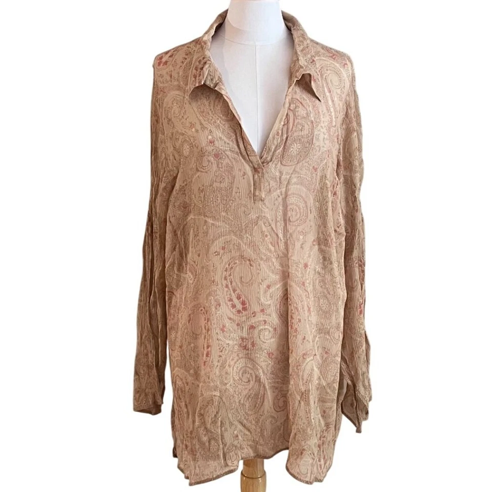 VTG Lane Bryant Sheer Silk Paisley Collared Tunic Cover Up Gauzy Ruched 26/28 - Image 1 of 4