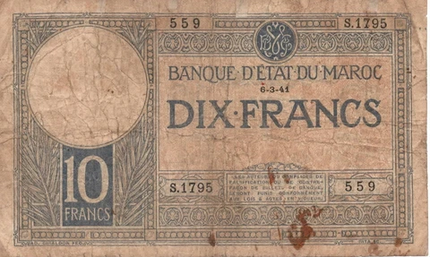 French Morocco 10 Francs 1941 Well Circulated Foreign Banknote Paper Money Cover