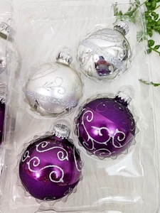 Krebs Silver And Purple Christmas Ornaments With Silver Glitter Swirl 8 Pc NEW - Picture 1 of 8