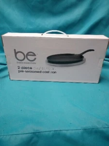 Basic Essentials 2-Piece Pre-Seasoned Cast Iron Oval Fajita Set 9.5" Non Stick - Picture 1 of 2