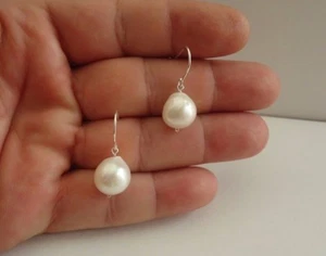 GENUINE WHITE PEARL DANGLING EARRINGS / 925 STERLING SILVER / SIZE  12MM  - Picture 1 of 8
