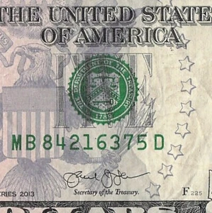 Billete de cinco dólares completo con escalera revuelta número de serie elegante MB84216375D - Imagen 1 de 11