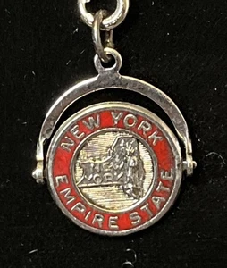 Ciondolo Vintage Argento Sterling Mappa New York Impero Stato Spinner su Catena 18" - Foto 1 di 8