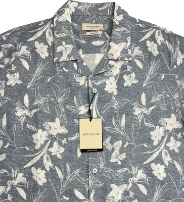 Men's BUGATCHI Shaped Fit S/S Floral Shirt M Medium Blue White Linen Cotton NEW - Image 1 of 4