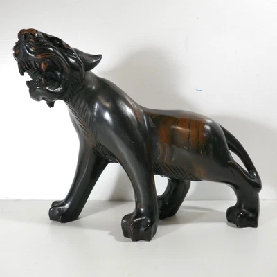 Antique Japanese Black Carved Wooden Tiger 34cm long and  2.1Kg - Image 1 of 4