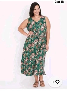 NEW AUTOGRAPH 20 plus Linen white Jade green floral elastic tie waist long dress - Picture 1 of 13