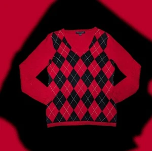 TOMMY HILFIGER Red Black Argyle V Neck Sweater Pullover Women's Size Medium - Picture 1 of 8