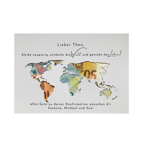 Personalisiertes Geldgeschenk im Bilderrahmen für Konfirmation Weltkarte