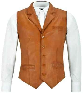 New Men Vest Coat Tan Handmade Leather Genuine Lambskin Waistcoat Wedding Wear - Picture 1 of 6