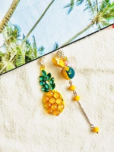 Asymmetric Pineapple Hawaii Pearl Crystals Earrings Yellow Green Women Her Gift - Picture 1 of 5