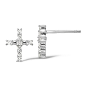14K Solid White Gold Diamond Cross Dangle Earrings - Picture 1 of 3