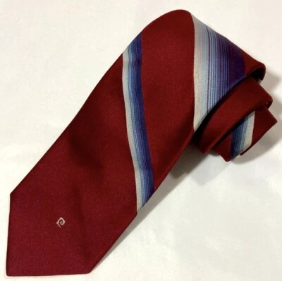 Pierre Cardin Mens Necktie Vintage Burgundy Gray Stripes Slim Preppy - Image 1 of 4