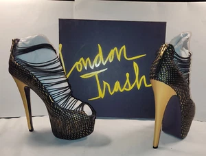 Ladies LONDON TRASH Leather Black & Gold Stiletto High Heel 8.5 M LT-CRUSH BLKMU - Picture 1 of 11