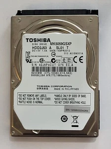 MK5059GSXP, HDD2J53 A SL01 T, A0/GN001A, 19 APR 2012,Toshiba 500Gb 2.5" SATA HDD - Imagen 1 de 2