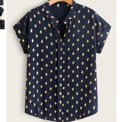 Blusa plisada cepillada a lunares manga murciélago talla pequeña para mujer azul marino dorado Foto 1 de 4