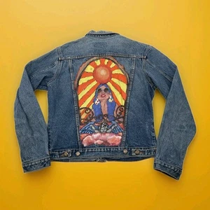 Chaqueta de mezclilla pintada a mano de colección para mujer talla S Boho Hippie Angel campamento de verano años 70 80 - Imagen 1 de 11