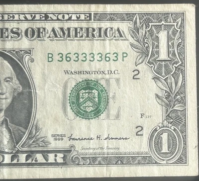 (BINARY RADAR/PALINDROME NOTE!) $1 Binary Radar Fancy Serial Number B36333363P - Image 1 of 3
