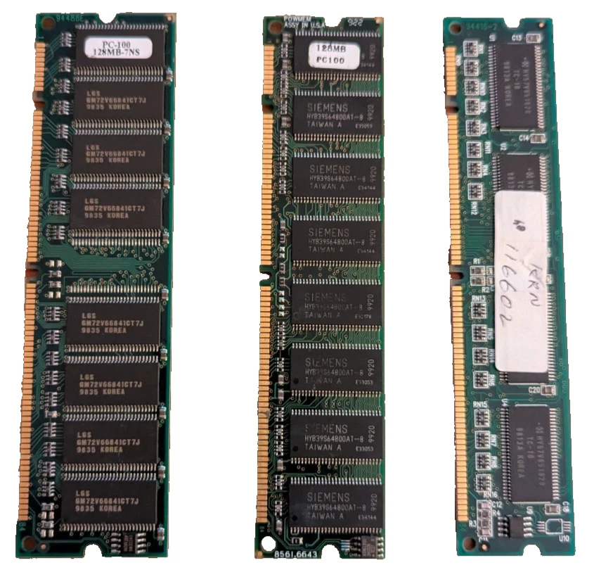 Lot of 3 Vintage 128MB SDRAM / PC100 Desktop Memory Sticks – Mixed Brands - Image 1 of 4