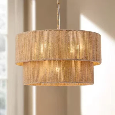 Araña de tambor de ratán tejida a mano GoYeel de 5 luces amarilla bohemia de 2 niveles Foto 1 de 4