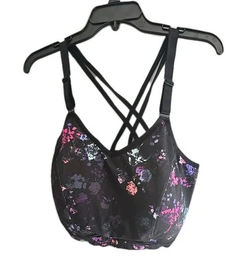 Lane Bryant LIVI 黑色花卉运动休闲锻炼无钢圈运动文胸尺寸 44D — 第 1/4 张图片