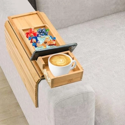 Bamboo Couch Arm Tray with Detachable Cup Holder - 2 in 1 Design, Foldable  - Image 1 of 4