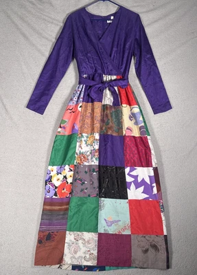 Vestido vintage anos 70 Kristi Gudnason Califórnia tamanho XS/S roxo maxi colcha de retalhos - Imagem 1 de 4