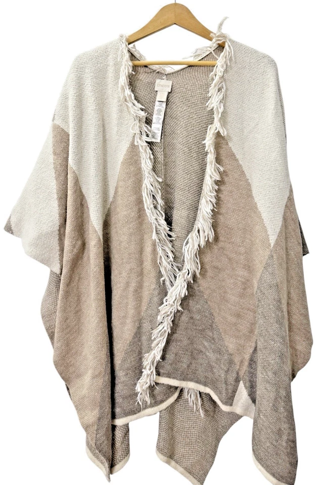 Chico's Mujer TALLA ÚNICA USADO Tostado/Beige Mantón/Envoltura Bufanda Poncho Abierto Flecos Foto 1 de 4
