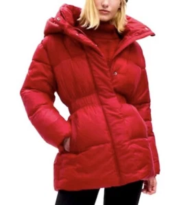 NWT GAP Women Red Puffer Jacket Cinched Waist Quilted Hooded Sz Small - Picture 1 of 4