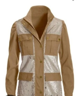 Chaqueta utilitaria Boston Propia adornada con lentejuelas manga abullonada caqui tostado talla M NUEVA Foto 1 de 4