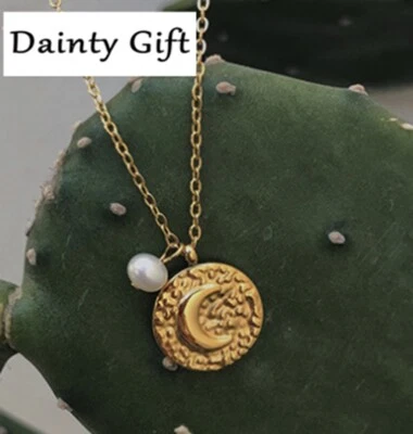 Mujer Niña Titanio Acero Inoxidable Barroco Luna Estrella Oro Moneda Collar 16-18" Foto 1 de 4