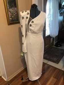 Womens White Long Dress with One Sleeve and Bee Beaded Detail Sz L - Picture 1 of 4