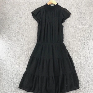 Monteau Dress Womens Small Black Mini Blouson Swiss Dot Smocked Neck Cap Sleeves - Picture 1 of 12