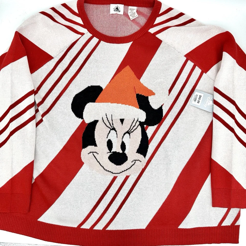 Disney Christmas Sweater Minnie Mouse Santa Hat Candy Cane Stripes Women 1X