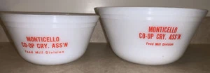 Fireking Advertising Heat Proof mixing Bowls Monticello Co-op Feed Mill Vintage - Picture 1 of 5
