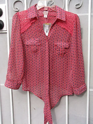 全新带标签 ~ Canyon RIVER BLUES ~ M 码 ~ 橙色花卉衬衫钩针编织装饰 Missy CUTE — 第 1/4 张图片