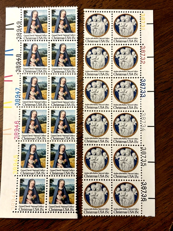 lot vintage, $.15 Christmas, Maddona and child 2 sheets 12 stamps each 1978,1979 - Image 1 of 1