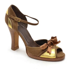 Zapatos de tacón alto Anna Sui con correa al tobillo 40/9,5 marrón dorado punta abierta para dama - Imagen 1 de 5