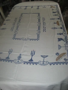 Vintage Jewish Judaica Shabbat Cross Stitch Tablecloth 48"W x 63"L Linen Lovely - Picture 1 of 4