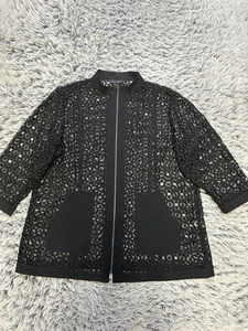 Ming Wang Jacket Women 1X Black Knit Full Zip Tunic Eyelet Woven Lace Blazer - Picture 1 of 10
