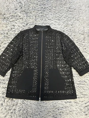 Ming Wang Jacket Women 1X Black Knit Full Zip Tunic Eyelet Woven Lace Blazer - Image 1 of 4
