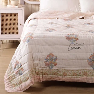 Boho Floral Cotton Quilt Blanket Lightweight Bedding Block Print Jaipuri Blanket - Picture 1 of 8