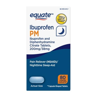 Equate Ibuprofeno PM 200 mg + Citrato de difenhidramina 38 mg Comprimidos, 80 unidades Foto 1 de 4