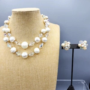 Seltene Vendome 2 Strang Creme Barock Perle AB Kristall Perlen Halskette & Ohrringe - Bild 1 von 12