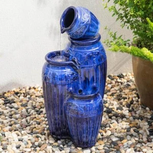 Glitzhome Fountain 13.5"x13.75"x27.25" 4-Tier Blue Ceramic Pots w/Pump+LED Light - Picture 1 of 2