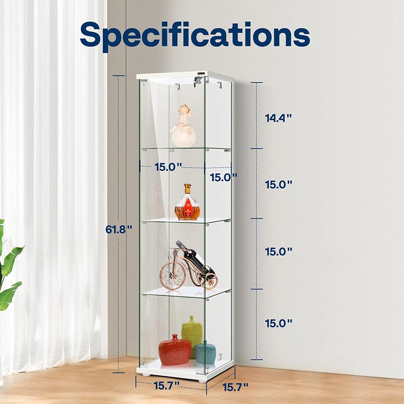 3/4-Shelf Glass Display Cabinet Glass Curio Cabinet Trophy Case Bookshelf & Lock - Image 1 of 1