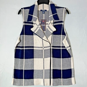 CHAPS Women's White & Navy Plaid Zip Up Sweater Vest Cotton Blend Size M $79 - Picture 1 of 12