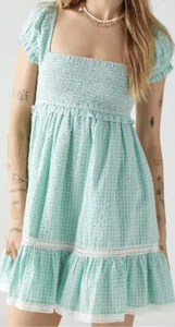 Urban Outfitters UO Marseille Gingham Smocked Mini Dress - size M - NEW - $69 - Picture 1 of 12