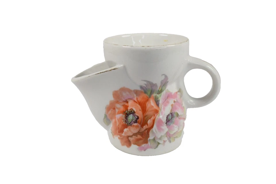 Antica tazza da barba Scuttle floreale pietra di ferro bordo oro 4" marcata "straniera" - Immagine 1 di 4
